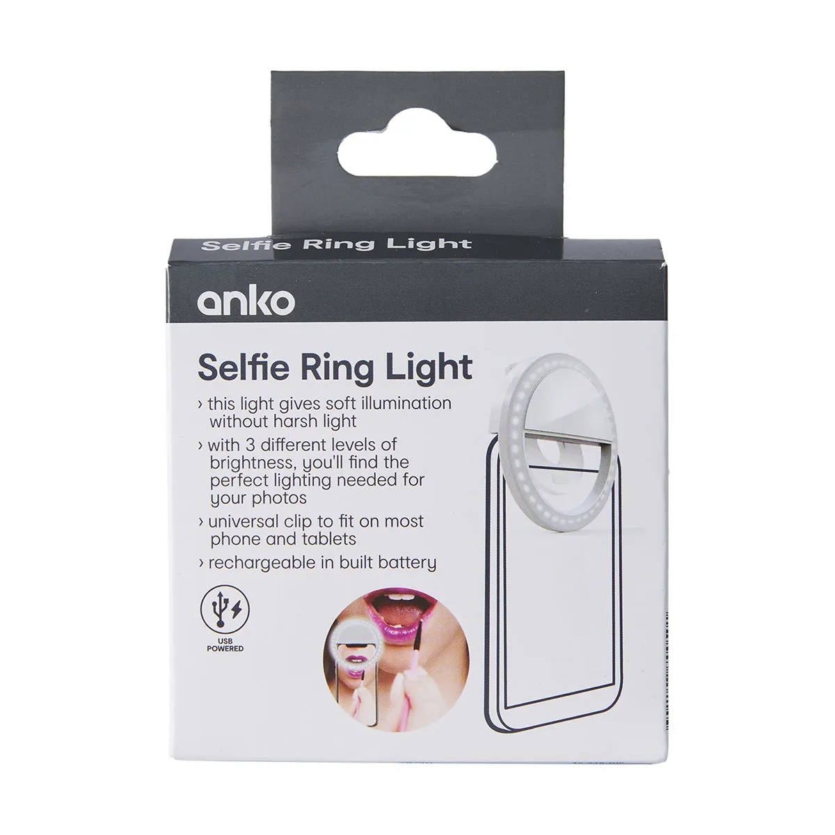 Anko Selfie Ring Light 8.5cm (Dia.) Rechargeable