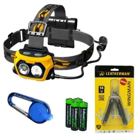 Fenix HP25 360 Lumen LED flood/spot combination light Headlamp with genuine Leatherman Wingman Multi-tool 831426, Smith & Wesson LED CaraBeamer Clip Light and Four EdisonBright AA Alkaline batteries