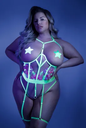 GLOW In A Trance Crotchless Teddy with Leg Garters Queen