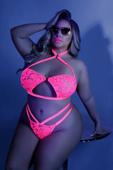 Glow Lights Off Halter Bralette & Cage Panty - Queen Size