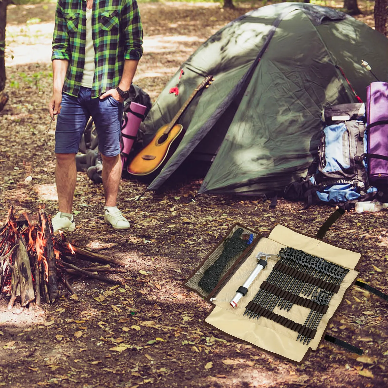 Tent Stakes Nails Hammer Peg Bag